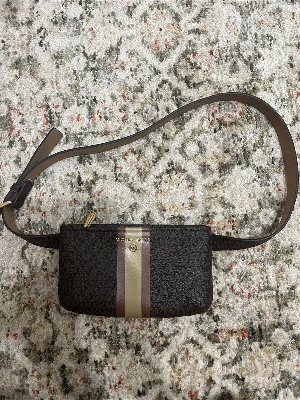 Michael Kors Brown Logo Crossbody Belt Bag with Cream and Tan Stripe